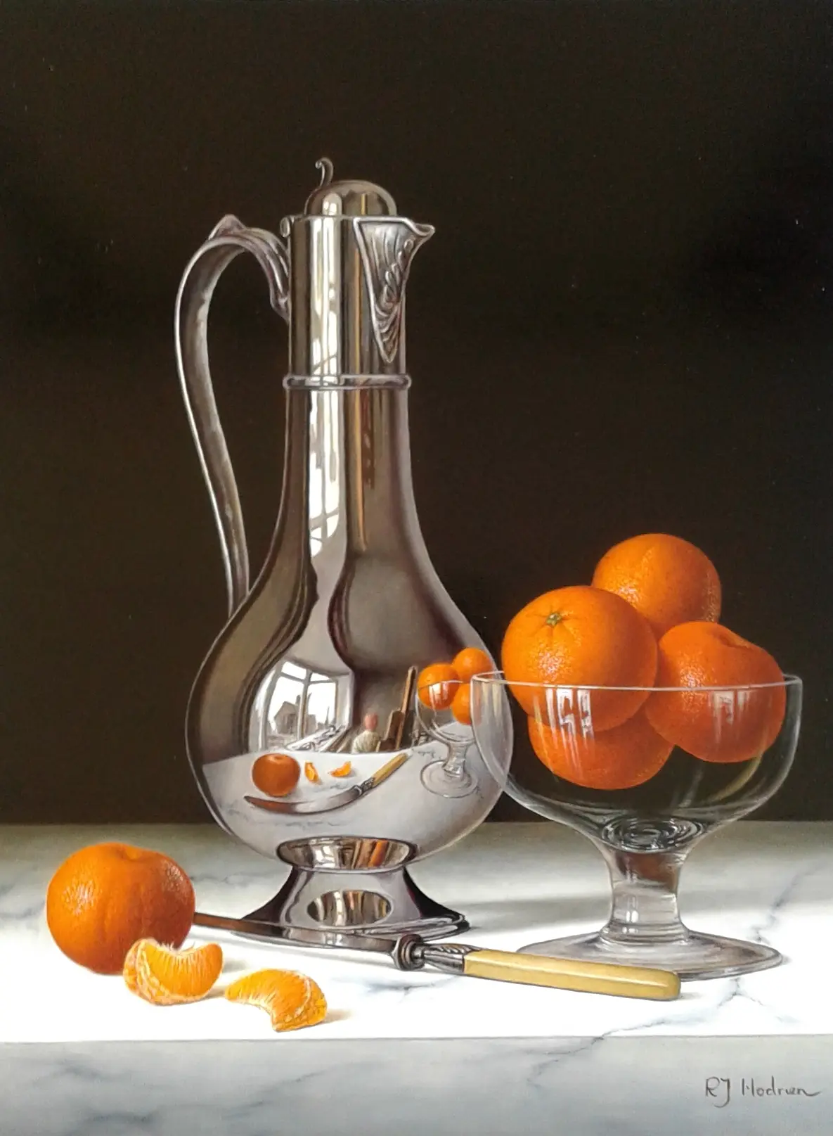Roy Hodrien - silver flagon with bowl of mandarins